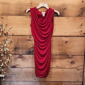 Red Ruched Cowl Neck Sheath Midi Dress